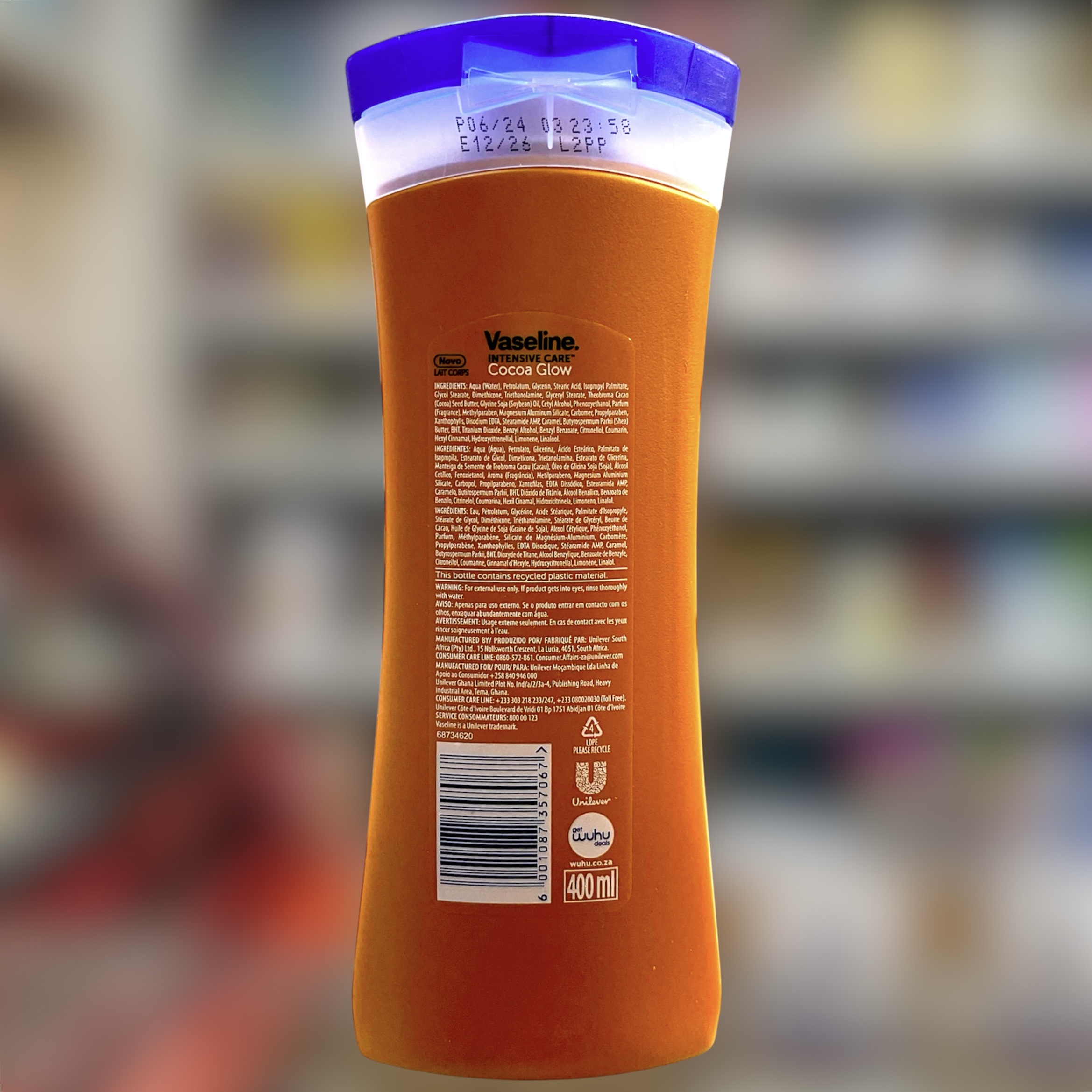 نمای پشتی لوسیون بدن شکلاتی وازلین تاریخ تولید و انقضا