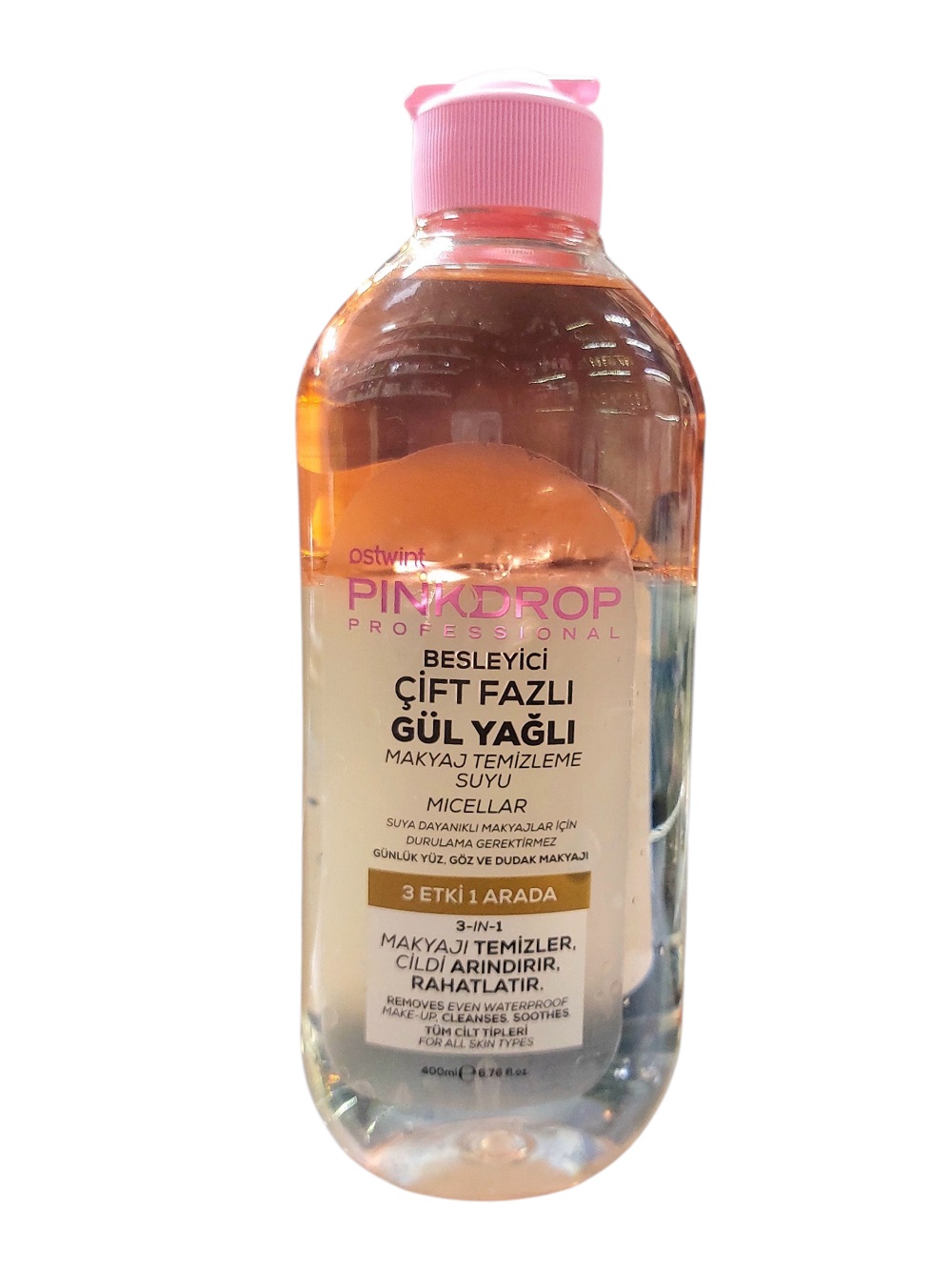 میسلار واتر دو فاز Pink Drop حاوی روغن گل رز؛ پاک‌کننده آرایش ضدآب و مرطوب‌کننده (۴۰۰ میلی‌لیتر)