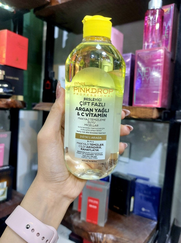 میسلار واتر دو فاز حرفهای PINKDROP حاوی روغن آرگان و ویتامین C؛ پاککننده آرایش ضدآب (۴۰۰ میلیلیتر)